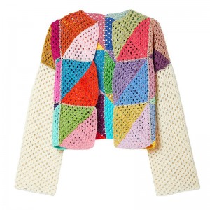 ODM and OEM customized logo square triangle round neck hook Crocheted color long sleeve short women’s sweater cardigan