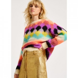 Tsika Multicolor Scallop Intarsia Yakarukwa Vakadzi Yechando Sweater Pullover