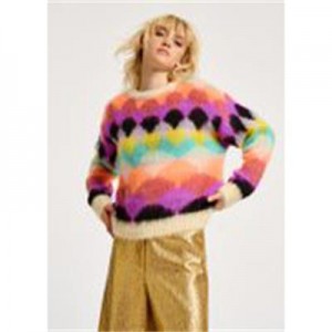 Omenala Multicolor Scallop Intarsia Knitted Women Winter Sweater Pullover