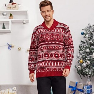 Men’s Long Sleeve Sweater Slim Fit Christmas Print Shawl Collar Knitting Pullover Sweater