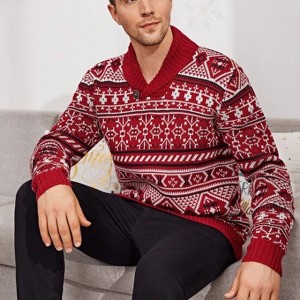 Мушки џемпер дугих рукава Слим Фит божићни штампи са шал овратником и плетени пуловер џемпер