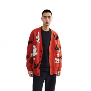 Sweater Rajut Jacquard Lengan Panjang Custom Sweater Cardigan Merah Berkualitas Tinggi Untuk Pria