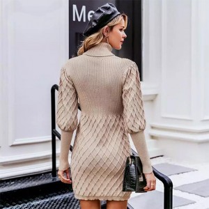 סוודר צמר ארוך לנשים בהתאמה אישית סוודר צווארון גולף שמלת אוברסייז, שמלה חמה בסגנון רטרו קז'ואל