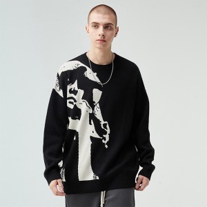 Portrait Jacquard Black Sweater Hierscht Street Hip Hop Trendy Brand Koppel Style