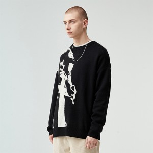 Portretni črni pulover iz žakardove barve, jesenski, ulični, hip-hop, trendovski slog znamke za par