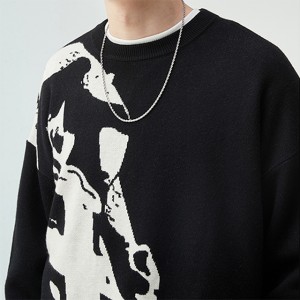 Портретен жакардов черен пуловер Есенен уличен хип-хоп модерен марков стил за двойка