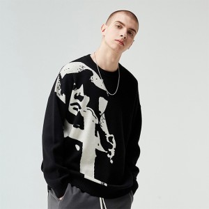 Portrait Jacquard Sweater Black Sweater Autumn Street Hip Hop Trendy Brand Couple Style