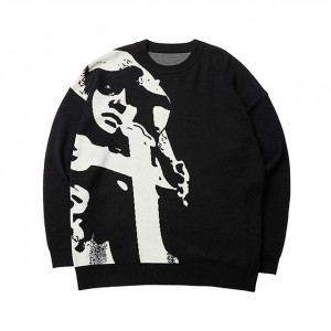 Umfanekiso weJacquard Black Sweater Autumn Street Hip Hop Trendy Brand Couple Style