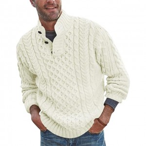 Pulover pentru bărbați cu guler în picioare Pulovere termice răsucite, tricotate prin cablu, grosime, nasturi la modă de iarnă