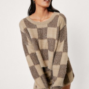 Fluffy Knit Checkerboard Jumper A Shorts Lounge Set