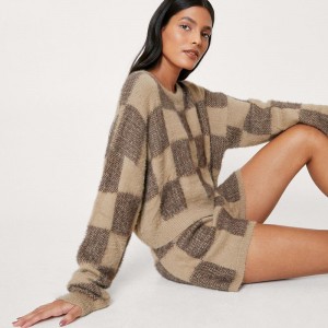 Fluffy Knit Checkerboard Jumper And Shorts Lounge Set