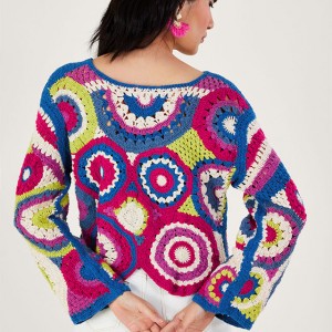 Lengan Panjang V Neck Abstrak Crochet Jumper Pink