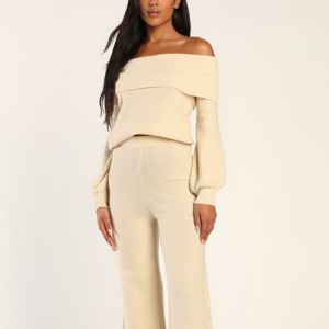 Women Ivory Knit High Waisted Beige Sweater Pants