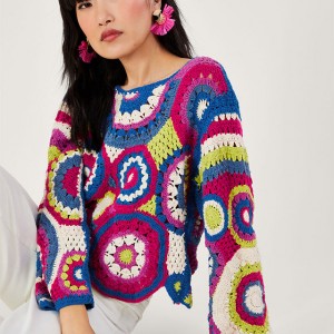 Long Sleeve V Neck Abstract Crochet Jumper Pink