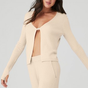 Women Long Sleeve Knit single Button Cardigan Beige set