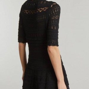 Round Neck Flared Slim Black Crochet Mini-Dress
