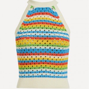 ເສື້ອແຂນຍາວຂອງຜູ້ຍິງສີຟ້າ Stripe Crochet Knit Halter Top