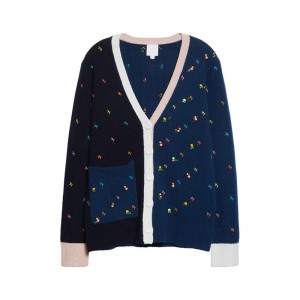 Women V-Color Color Clausus Lambswool Pointelle Cardigan