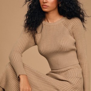 Dam Enfärgad Tan Ribbed Knit Cropped Sweater Top