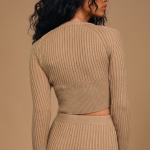 Ženski jednobojni tan rebrasti pleteni skraćeni džemper