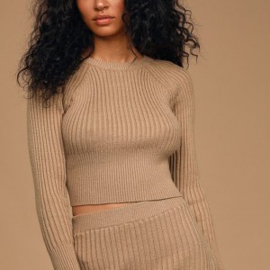 Women Solid Color Tan Ribbed Knit Cropped Sweater Top