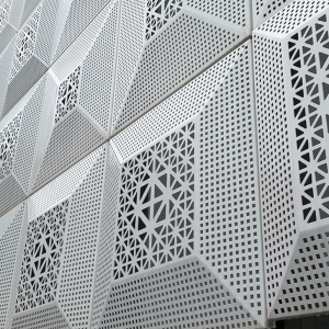 ຝາຜ້າມ່ານພາຍນອກອາລູມິນຽມ perforated ໂລຫະ 3D facade panel