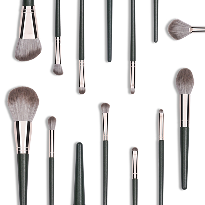 Wholesale 14pcs Textured Green Wooden Handle Rose Gold Ferrule Synthetic Hair Makeup Brush Set