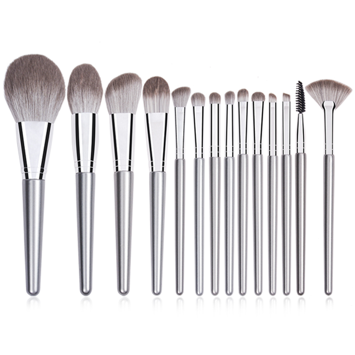 Dongshen nou disseny de pinzells de maquillatge 14 peces de fibra de plata llana sintètica virola de coure mànec de fusta eina de maquillatge per a artista de maquillatge professional raspall cosmètic