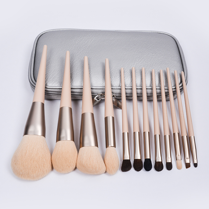 Dongshen 12pcs pink wooden handle aluminum ferrule synthetic hair makeup brush set