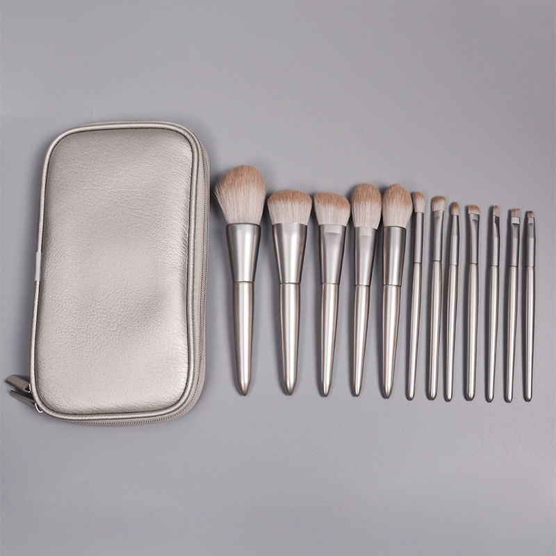 Dongshen professional 12pcs makeup brush set silver high quality synthetic hair cosmetic brush set with bag customized logo