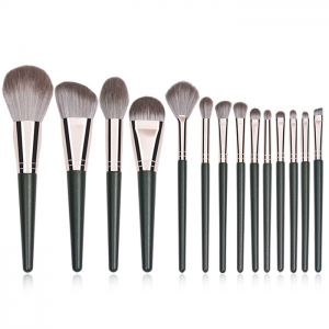 N'ogbe 14pcs Textured Green Wooden Handle Rose Gold Ferrule Synthetic Hair Makeup Brush Set.