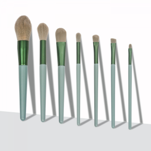 Nieuw design private label make-upborstel met houten handvat 7 stks groen veganistisch synthetisch haar dames dagelijkse cosmetische borstelset