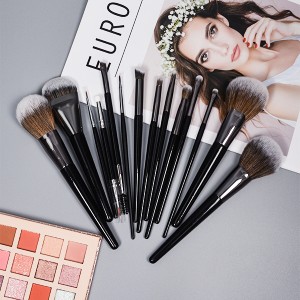 DM wholesale private label 14 Pcs makeup brush set wooden handle synthetic and pony hair cosmetic brush makeup tool