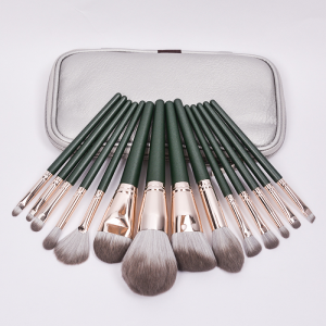 Wholesale 14pcs Textured Green Wooden Handle Rose Gold Ferrule Synthetic Hair Makeup Brush Set