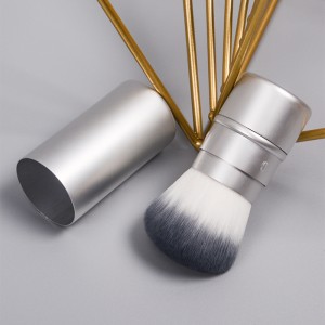 Kualitas Tinggi Logo Kustom Pegangan Logam Vegan Makeup Powder Brush Kabuki Travel Cosmetic Brush Facial Blush Brushes
