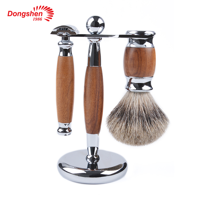 Dongshen luxury natural wood color safety razor super badger hair shaving brush set