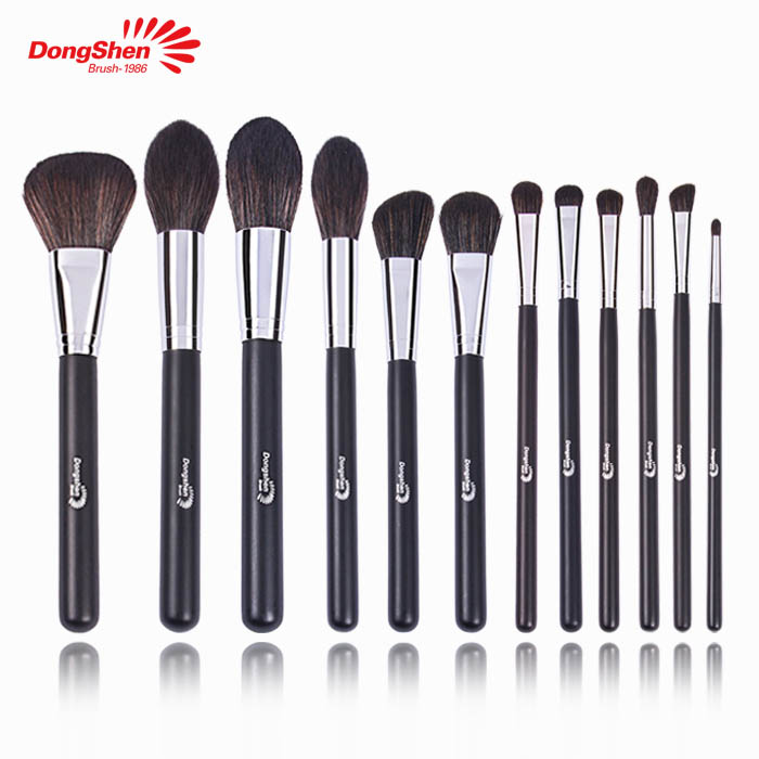 High quality professional makeup brush 12pcs fiber synthetic hair copper ferrule black handle makeup brush set