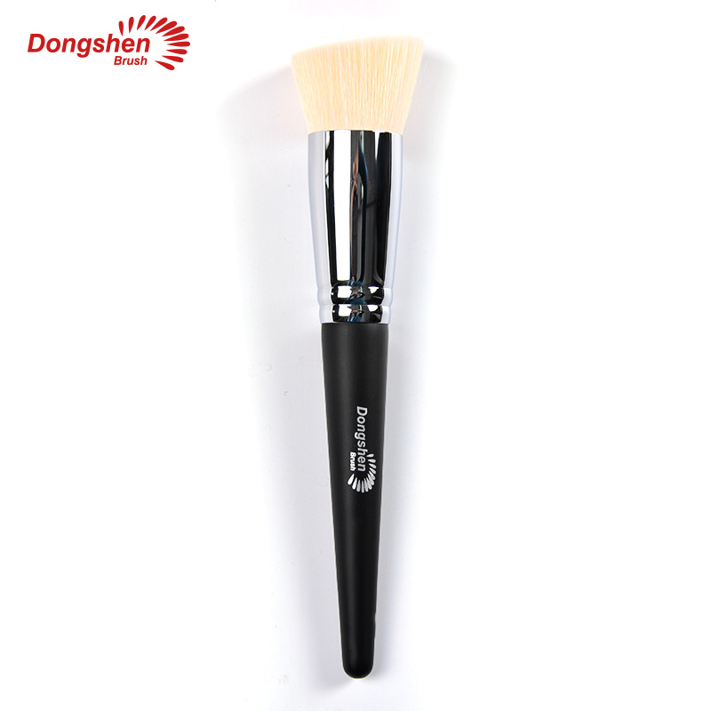 Professional white vegan synthetic hair wooden handle concave foundation brush (1)