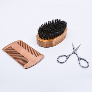 Dongshen luxury men’s beard brush kit pure boar bristles beard brush high quality wood beard comb stainless steel beard scissors
