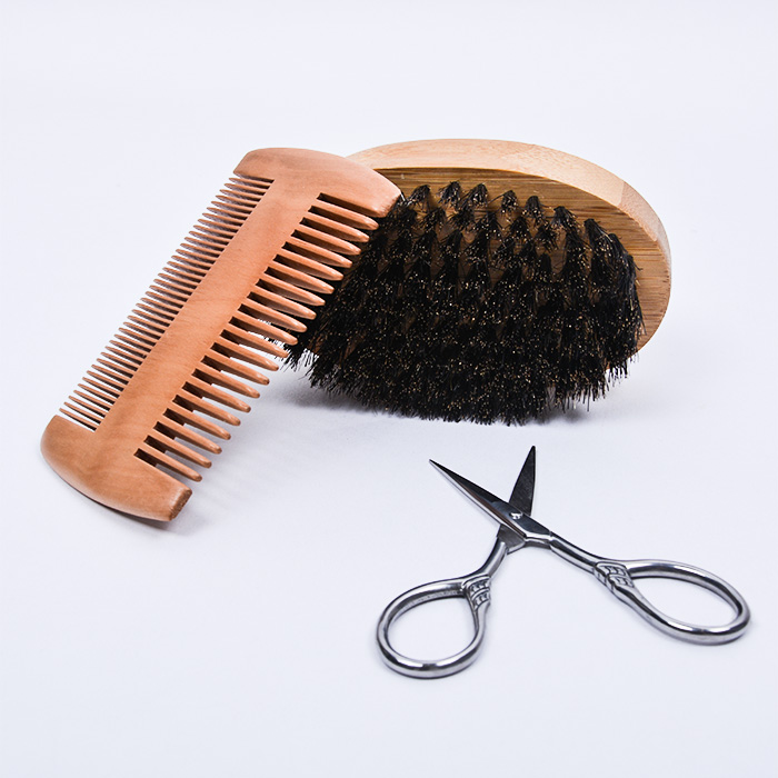 Dongshen luxury men’s beard brush kit pure boar bristles beard brush high quality wood beard comb stainless steel beard scissors