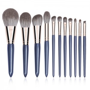Dongshen 11 makeup børster sæt vegansk venligt blødt fiber syntetisk hår blåt træskaft kosmetisk børsteværktøj