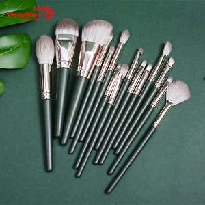 Dongshen cepillo de maquillaxe verde por xunto de alta calidade, pelo sintético libre de crueldade, virola dourada, mango de madeira, kit de cepillo cosmético
