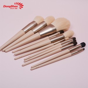 Dongshen przyjazny dla wegan zestaw pędzli do makijażu profesjonalny 12-częściowy różowy syntetyczny włos drewniany uchwyt kosmetyczny pędzel do podkładu i cieni do powiek
