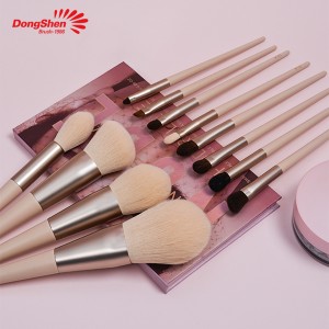 ជក់ផាត់មុខដែលរួសរាយរាក់ទាក់ Dongshen ឈុតសក់សំយោគពណ៌ផ្កាឈូកដែលមានជំនាញវិជ្ជាជីវៈ 12pcs ចំណុចទាញគ្រឿងសម្អាងធ្វើពីឈើ blush eyeshadow brush