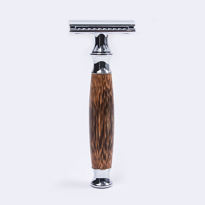 Dongshen private label klassisk 3-delt dobbeltkantet sikkerhedsskraber med langt naturligt træhåndtag barberskraber