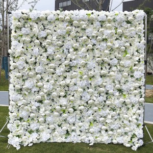 Aṣa 5D 3D White Rose Hydrangea Roll Up Aṣọ Flower Odi Igbeyawo Ohun ọṣọ Oríkĕ Silk Rose Flower Panel Backdrop Flower Wall