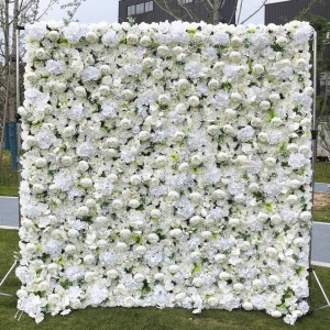 Pielāgota 5D 3D balto rožu hortenzijas sarullējama auduma ziedu siena kāzu dekors Mākslīgā zīda rožu ziedu paneļa fona kolāža ziedu siena