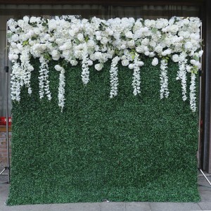 Kustom 5D 3D White Rose Hydrangea Roll Up Kain Bunga Dinding Dekorasi Pernikahan Sutra Buatan Mawar Bunga Panel Latar Belakang Dinding Bunga