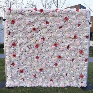 Pielāgota 5D 3D balto rožu hortenzijas sarullējama auduma ziedu siena kāzu dekors Mākslīgā zīda rožu ziedu paneļa fona kolāža ziedu siena