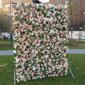 Omenala 5D 3D White Rose Hydrangea Roll Up Cloth Flower Wall Wedding Decor Artificial Silk Rose Flower Panel Backdrop Flower Wall